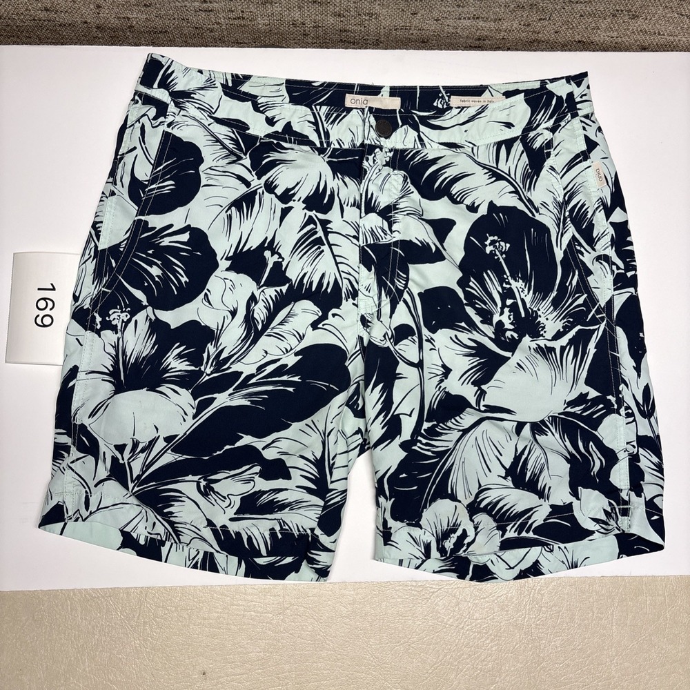 Onia Calder 7.5 Swim Trunks Mens Size 33 Tropical Leaf Print Navy Mint Lined